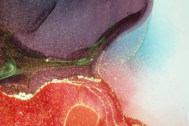 Soyut parlak parlak renk akışkan arka plan, altın çizgili el yapımı alkol tablosu. Yüksek çözünürlüklü arkaplan tasarımı için sıvı mürekkep dokusu