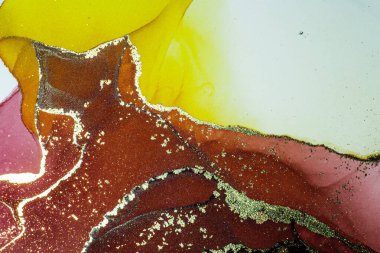 Soyut parlak parlak renk akışkan arka plan, altın çizgili el yapımı alkol tablosu. Yüksek çözünürlüklü arkaplan tasarımı için sıvı mürekkep dokusu