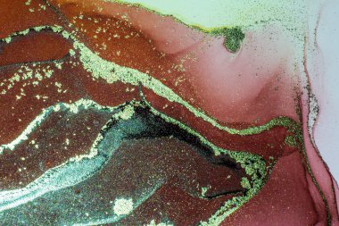 Soyut parlak parlak renk akışkan arka plan, altın çizgili el yapımı alkol tablosu. Yüksek çözünürlüklü arkaplan tasarımı için sıvı mürekkep dokusu