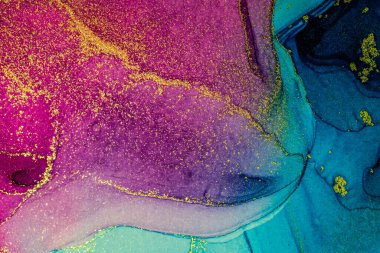 Soyut parlak parlak renk akışkan arka plan, altın çizgili el yapımı alkol tablosu. Yüksek çözünürlüklü arkaplan tasarımı için sıvı mürekkep dokusu