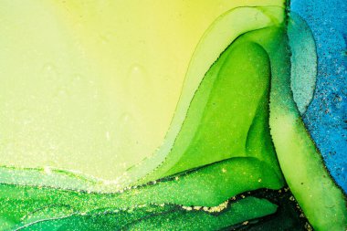 Soyut parlak parlak renk akışkan arka plan, altın çizgili el yapımı alkol tablosu. Yüksek çözünürlüklü arkaplan tasarımı için sıvı mürekkep dokusu