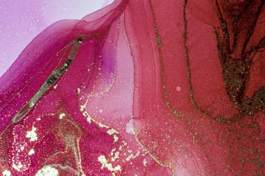 Soyut parlak parlak renk akışkan arka plan, altın çizgili el yapımı alkol tablosu. Yüksek çözünürlüklü arkaplan tasarımı için sıvı mürekkep dokusu