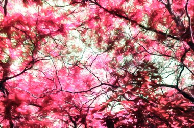 Güzel pembe ağaç dalları olan tonlu doğal çiçek arkaplan tasarımının sanatsal gerçekçi çizimi