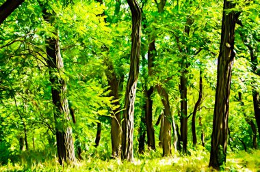 Güneşli, güneşli bir günde yeşillik, ağaçlar ve çimlerin bol olduğu yaz parkının sanatsal gerçekçi çizimi