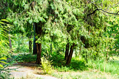 Güneşli, güneşli bir günde yeşillik, ağaçlar ve çimlerin bol olduğu yaz parkının sanatsal gerçekçi çizimi