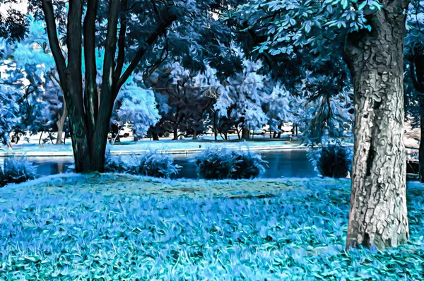 Ilustração Tonificada Realista Artística Parque Verão Com Muitas Árvores Grama — Fotografia de Stock