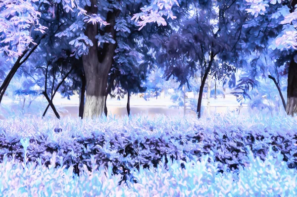 Konstnärlig Realistisk Tonad Illustration Sommarpark Med Massor Träd Och Gräs — Stockfoto