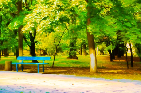夏日阳光明媚 绿树绿草繁茂的夏季公园写实主义写实画 — 图库照片