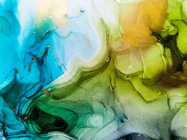 Soyut parlak parlak renk akışkan arka plan, altın çizgili el yapımı alkol tablosu. Arkaplan tasarımı için sıvı mürekkep dokusu