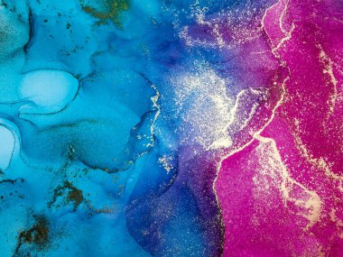 Soyut parlak parlak renk akışkan arka plan, altın çizgili el yapımı alkol sanat tablosu. Arkaplan tasarımı için sıvı mürekkep dokusu