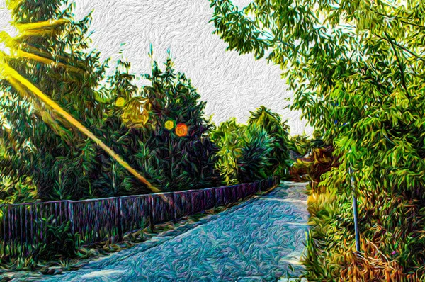 Pintura Digital Del Paisaje Suburbano Estilo Pintura Óleo Dibujado Mano — Foto de Stock