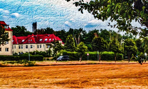 Painting Suburban Landscape Style Hand Drawn Oil Painting Canvas Creative — Foto Stock