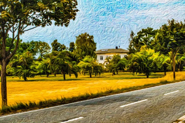 Painting Suburban Landscape Style Hand Drawn Oil Painting Canvas Creative — Foto Stock