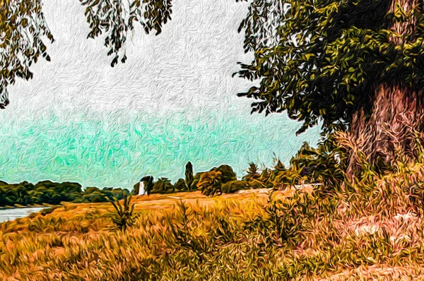 Malowanie Krajobrazu Podmiejskiego Stylu Ręcznie Malowanego Olejnego Płótnie Element Kreatywnego — Zdjęcie stockowe