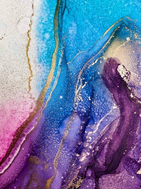 Soyut parlak parlak renk akışkan arka plan, altın çizgili el yapımı alkol tablosu. Yüksek çözünürlüklü arkaplan tasarımı için sıvı mürekkep dokusu