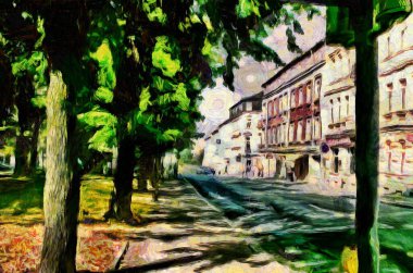 Yağlı boya tablo - şehir manzarası. Modern dijital sanat, izlenimcilik tekniği. Vincent van Gogh tarzının taklidi