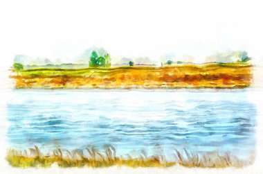 Watercolor painting of suburban landscape. Modern digital art, imitation of hand painted with aquarells dye