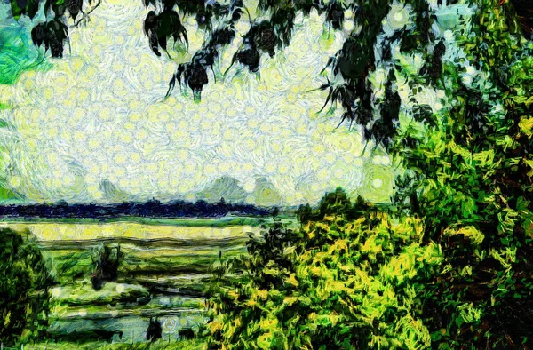 Oil painting - suburban landscape. Modern digital art, impressionism technique. Imitation of Vincent van Gogh style