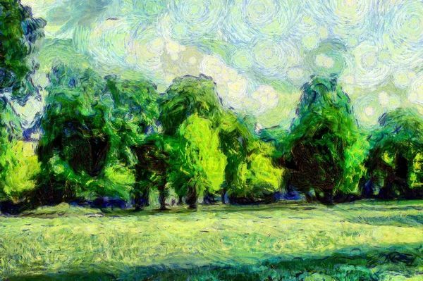 Oil Painting Suburban Park Landscape Modern Digital Art Impressionism Technique — Stok fotoğraf