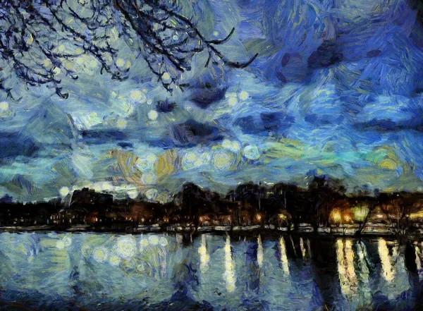 Oil Painting Cityscape Modern Digital Art Impressionism Technique Imitation Vincent — Foto Stock