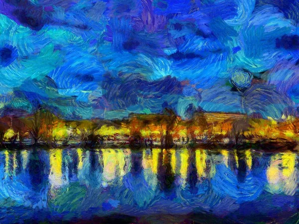 Oil Painting Cityscape Modern Digital Art Impressionism Technique Imitation Vincent — Stok fotoğraf