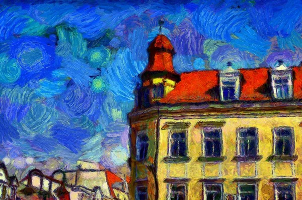 Oil Painting Cityscape House Red Roof Modern Digital Art Impressionism — Stok fotoğraf
