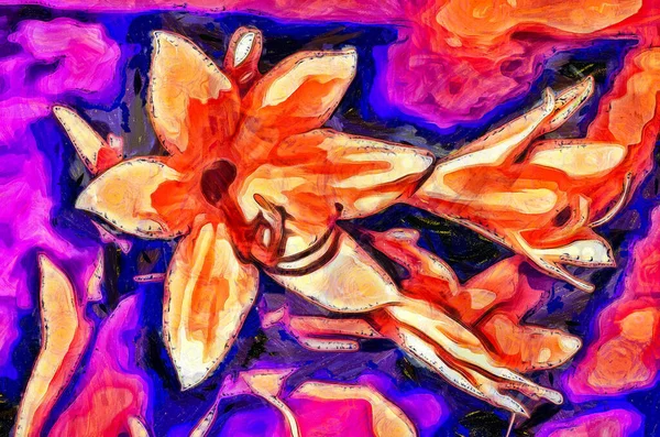 Oil painting - blooming lily flowers. Modern digital art, impressionism technique. Imitation of Vincent van Gogh style