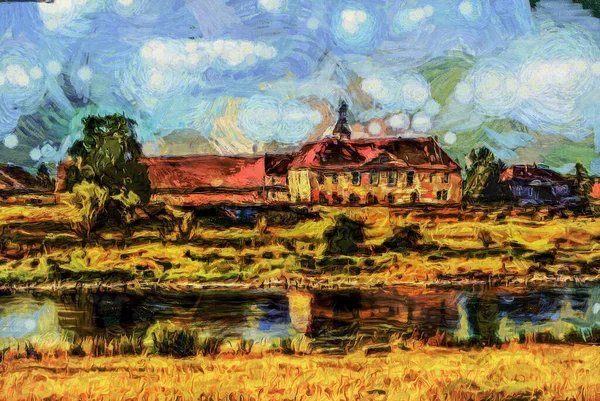 Olieverf Voorstedelijk Landschap Moderne Digitale Kunst Impressionistische Techniek Imitatie Van — Stockfoto