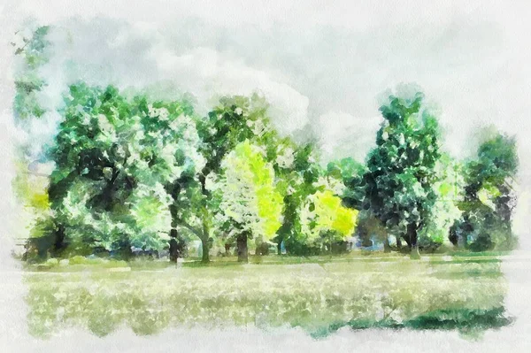 Aquarelverf Schilderen Van Voorstedelijk Landschap Moderne Digitale Kunst Imitatie Van — Stockfoto