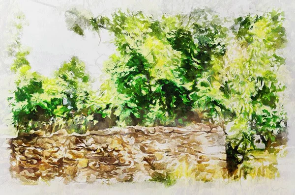 Watercolor painting of suburban landscape with river. Modern digital art, imitation of hand painted with aquarells dye