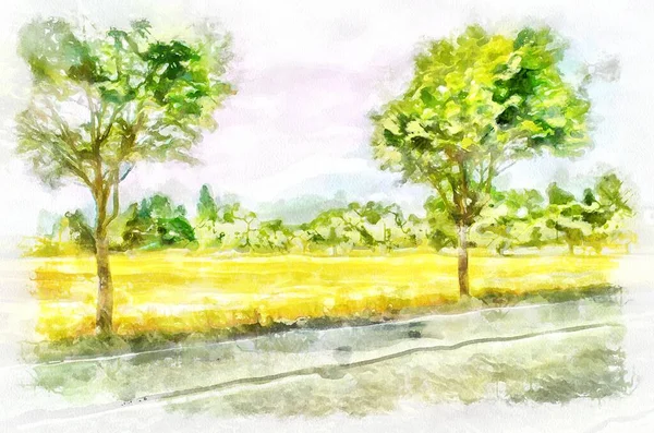 Watercolor Painting Suburban Landscape Modern Digital Art Imitation Hand Painted — ストック写真