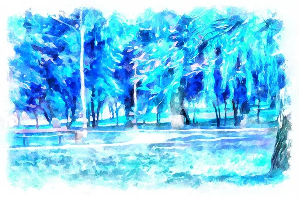 Watercolor Painting Landscape Trees Park Modern Digital Art Imitation Hand — ストック写真