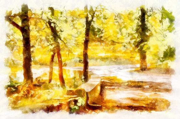 Watercolor painting of landscape with trees in park. Modern digital art, imitation of hand painted with aquarells dye