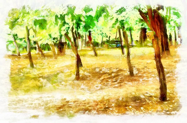 Watercolor painting of landscape with trees in park. Modern digital art, imitation of hand painted with aquarells dye