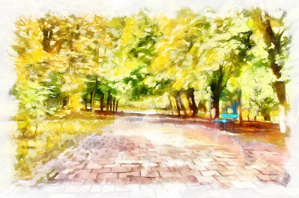 Akvarel Krajiny Stromy Parku Moderní Digitální Umění Imitace Ručně Malované — Stock fotografie