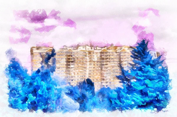 Watercolor painting of landscape with trees and building. Modern digital art, imitation of hand painted with aquarells dye