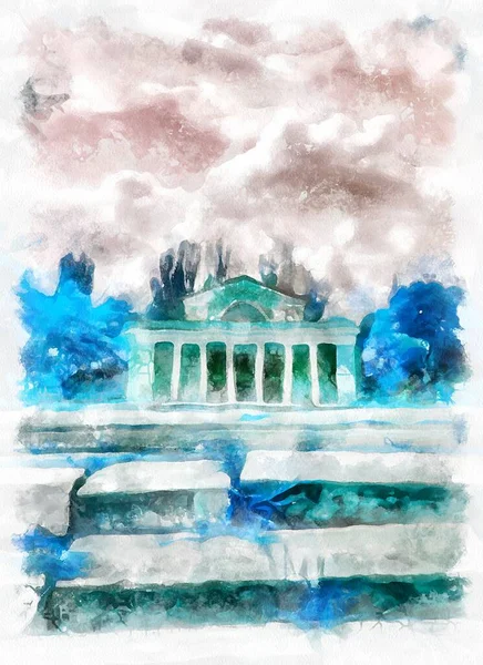 Watercolor painting of landscape with trees and building. Modern digital art, imitation of hand painted with aquarells dye