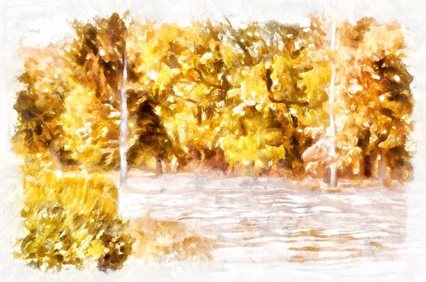 Watercolor Painting Landscape Trees Park Modern Digital Art Imitation Hand — 스톡 사진