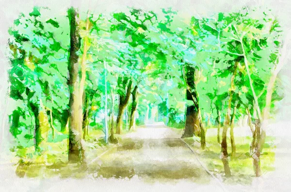 Watercolor painting of landscape with trees in park. Modern digital art, imitation of hand painted with aquarells dye