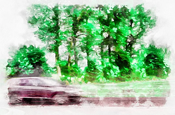Watercolor painting of landscape with road, trees and moving car. Modern digital art, imitation of hand painted with aquarells dye