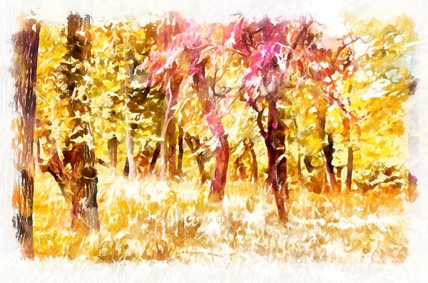 Watercolor Painting Landscape Trees Park Modern Digital Art Imitation Hand — Stock Fotó