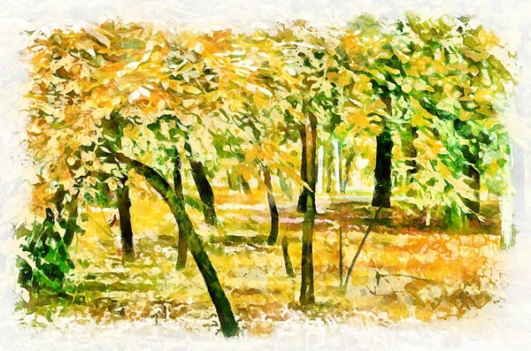 Watercolor Painting Landscape Trees Park Modern Digital Art Imitation Hand — Stok fotoğraf
