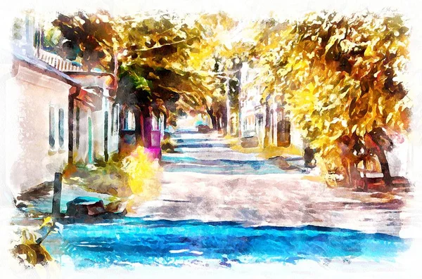 Watercolor painting of city landscape with trees and houses. Modern digital art, imitation of hand painted with aquarells dye
