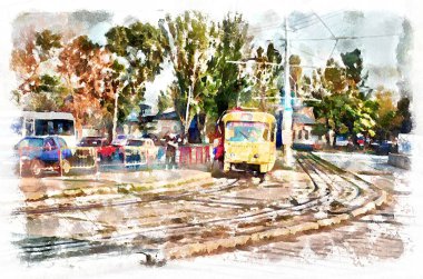 Güneşli bir günde suluboya şehir manzarası resmi. Modern dijital sanat, akvaryumlarla boyanmış el yapımı.