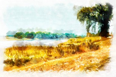 Watercolor painting of suburban landscape in bright sunny day. Modern digital art, imitation of hand painted with aquarells dye