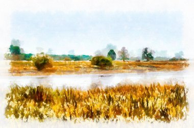 Watercolor painting of suburban landscape in bright sunny day. Modern digital art, imitation of hand painted with aquarells dye