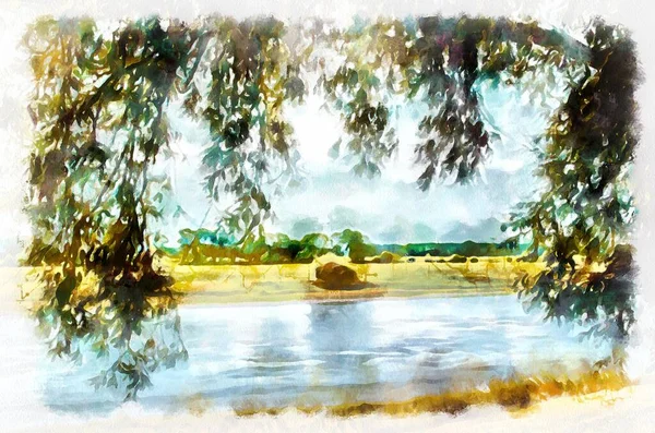 Watercolor painting of suburban landscape in bright sunny day. Modern digital art, imitation of hand painted with aquarells dye