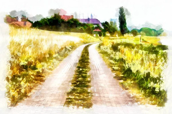 Watercolor Painting Suburban Landscape Bright Sunny Day Modern Digital Art — Stok fotoğraf