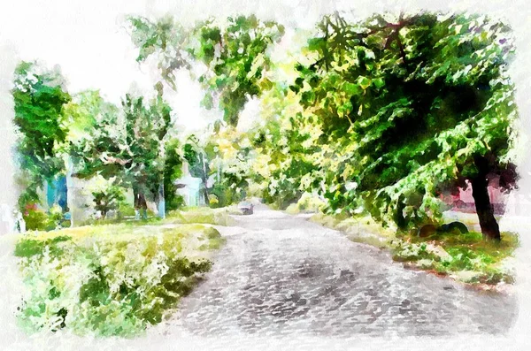 Watercolor painting of suburban landscape in bright sunny day. Modern digital art, imitation of hand painted with aquarells dye