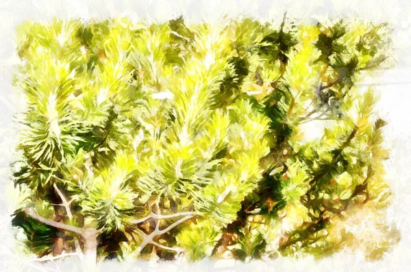 Watercolor painting of nature background with tree branches and leafs. Modern digital art, imitation of hand painted with aquarells dye